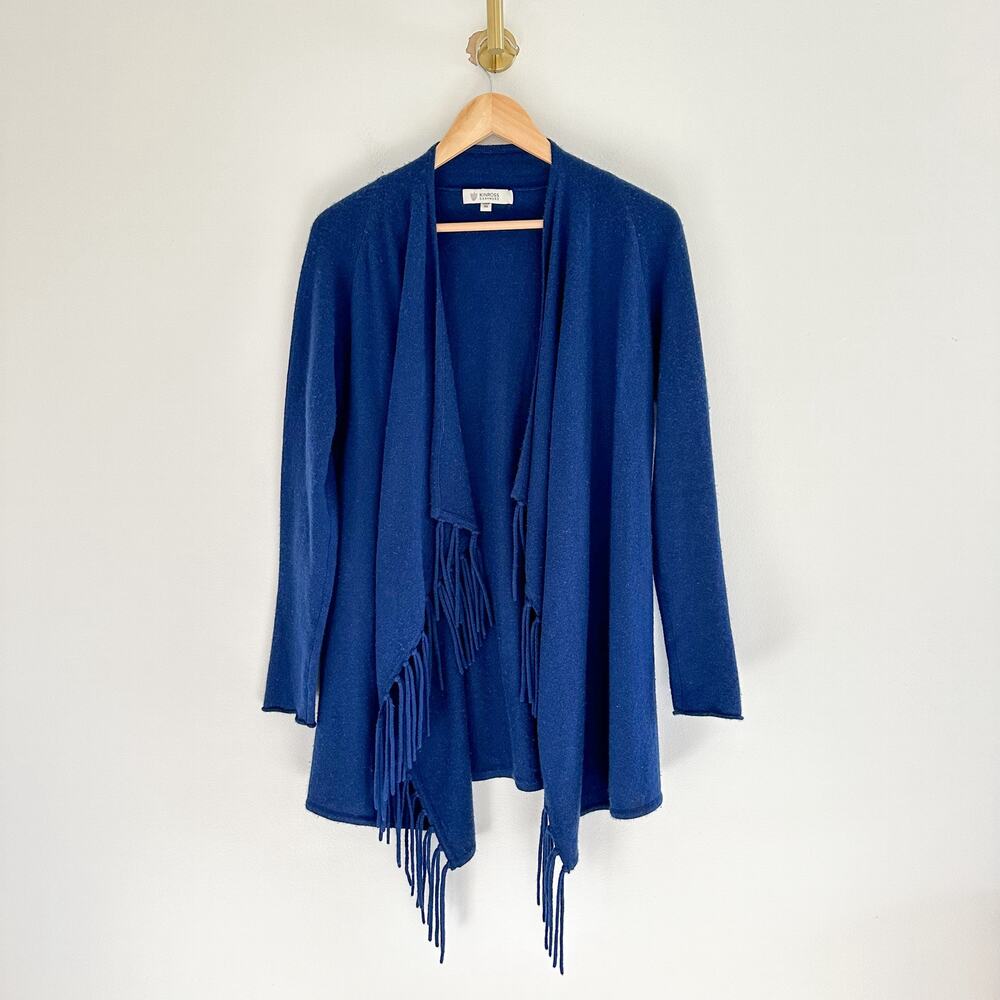 Kinross Cashmere Open Front Fringe Long Sleeve Draped Cardigan Sweater Blue XS